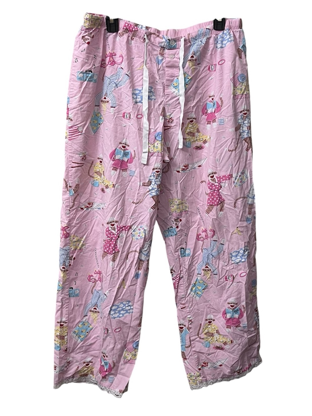 Nick & Nora Women’s Sock Monkey Slumber Party Print Pink Lace Sleep Pants sz L